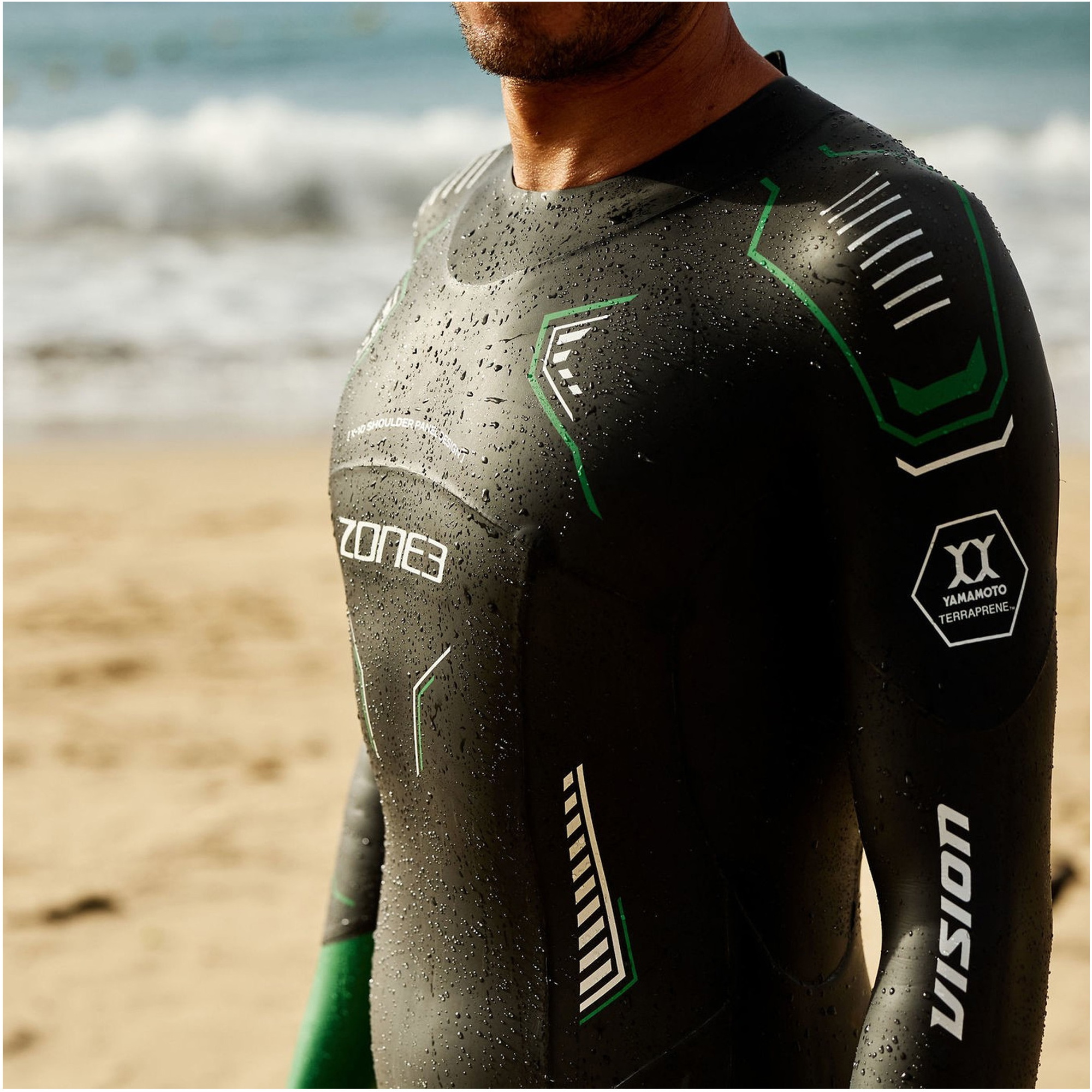 2026 Zone3 Da Uomo Terraprene Vision Back Zip Swim Muta WS24MVIS101 - Black / Forest Green